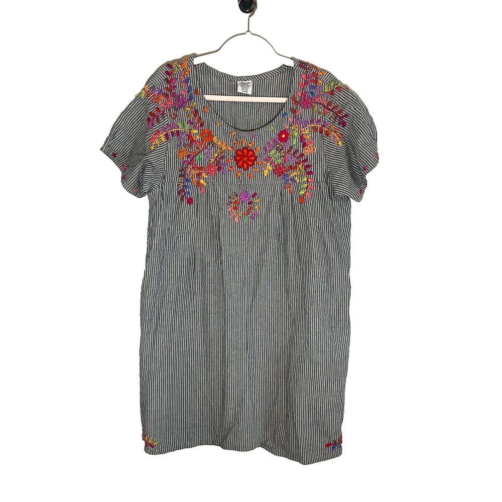 Colorful Striped Floral Embroidery Dress XL Boho Indie Western Southwest Peasant